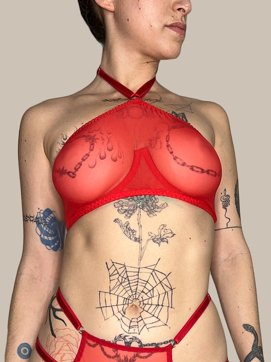 Red Mesh High-Neck Underwire Bra