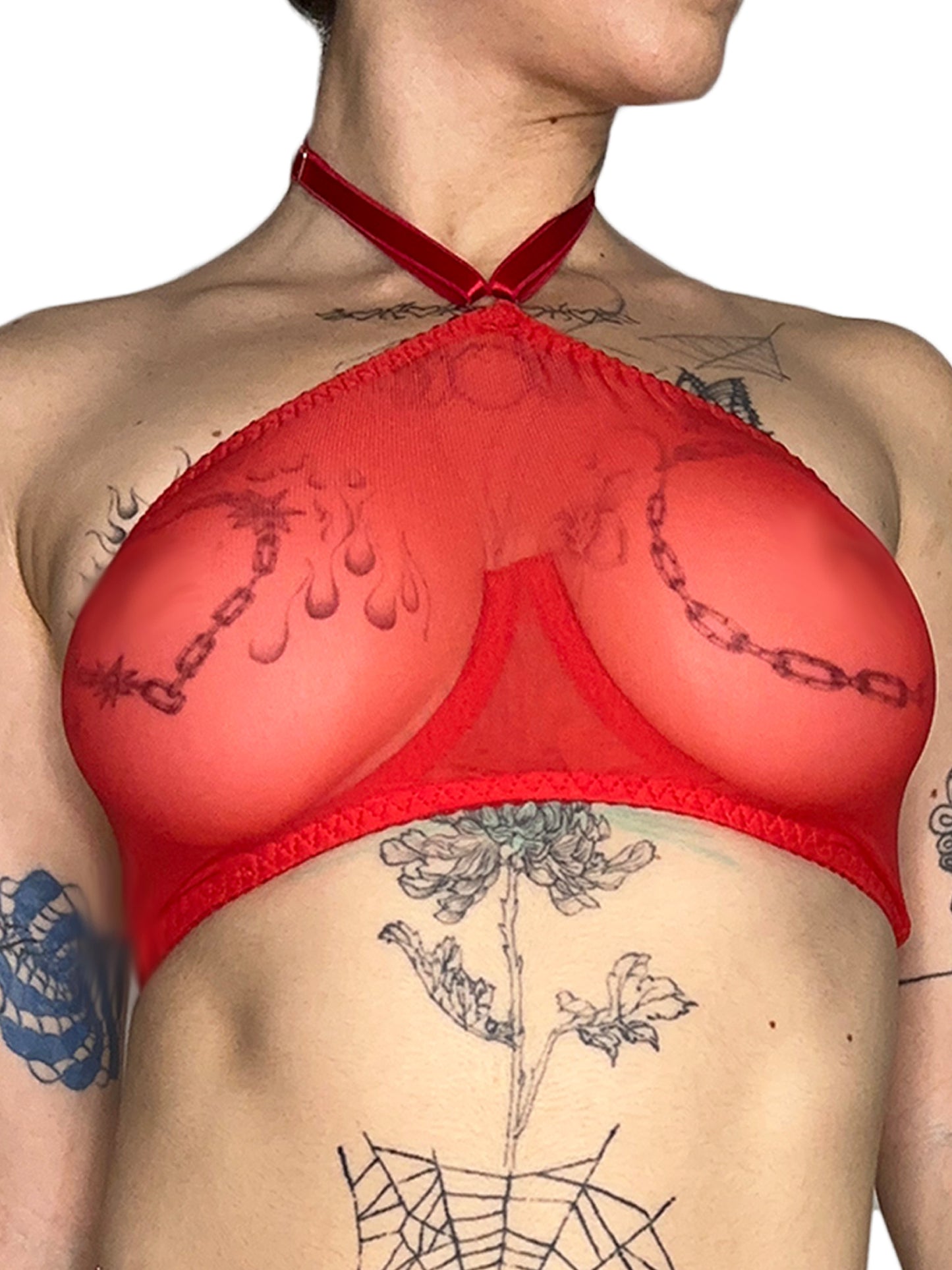 Red Mesh High-Neck Underwire Bra