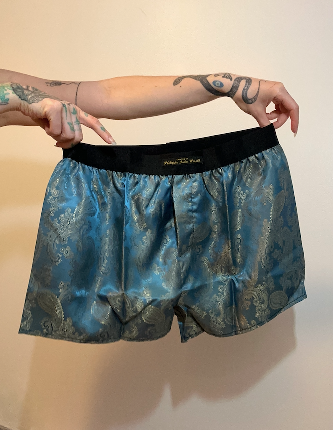 Mens Paisley Silk Boxer Shorts Silver Teal