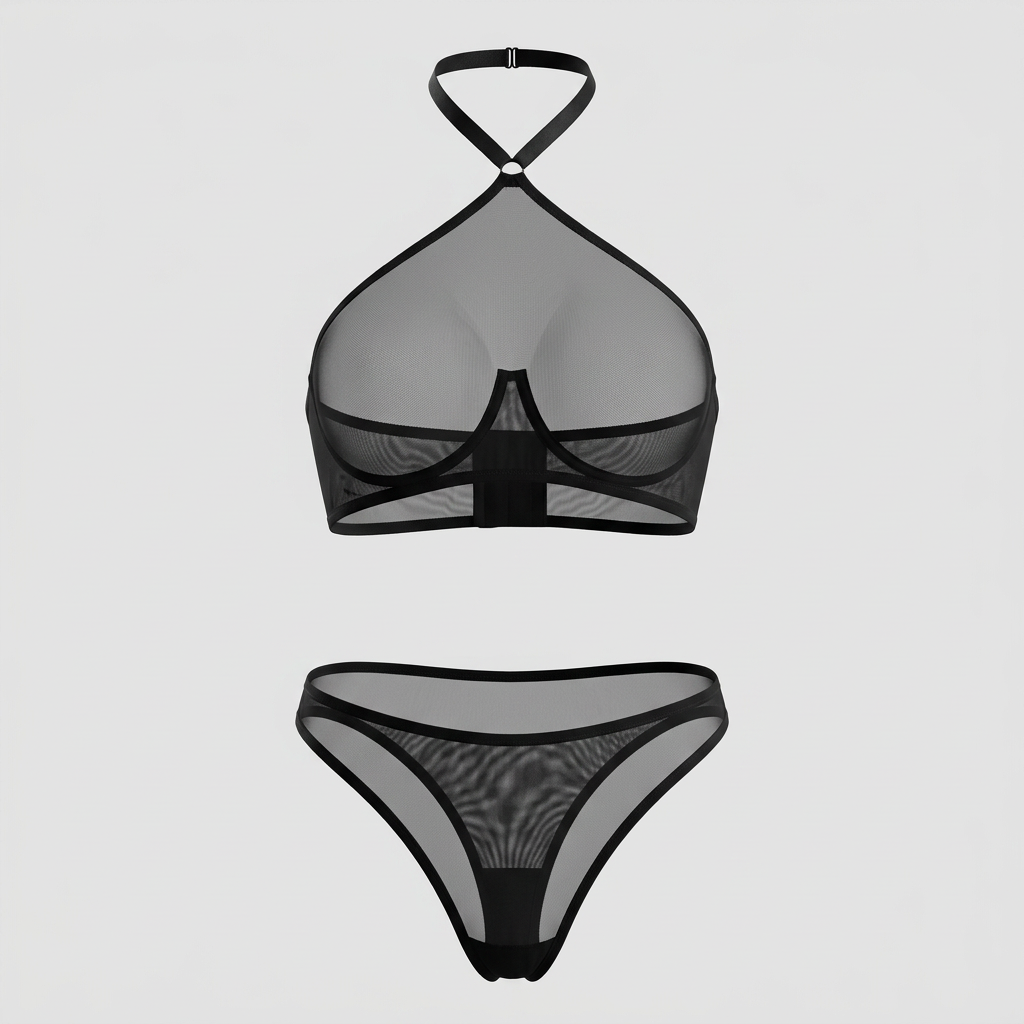 Black Mesh High-Neck Underwire Bra